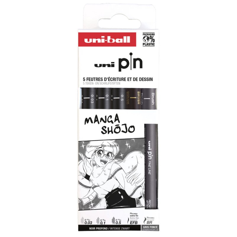 uni-ball fineliner PIN Manga Shojo set, waterbestendige inkt, 5 stuks